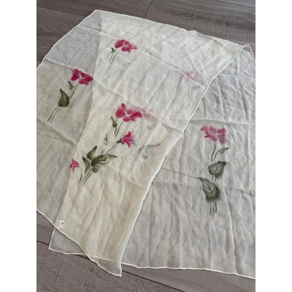 Vintage 100% Silk Scarf Hand Printed Floral Pink Rose Sheer Hand Rolled Cream